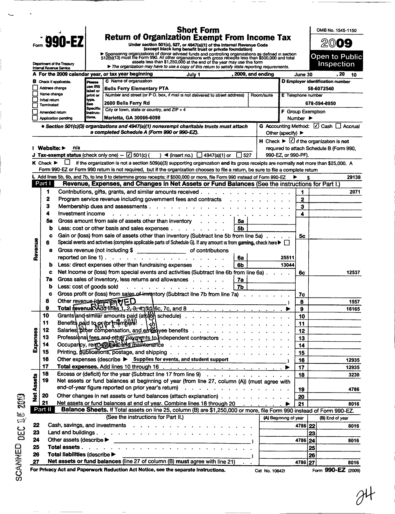 Image of first page of 2009 Form 990EO for GEORGIA PTA - Bells Ferry ES PTA