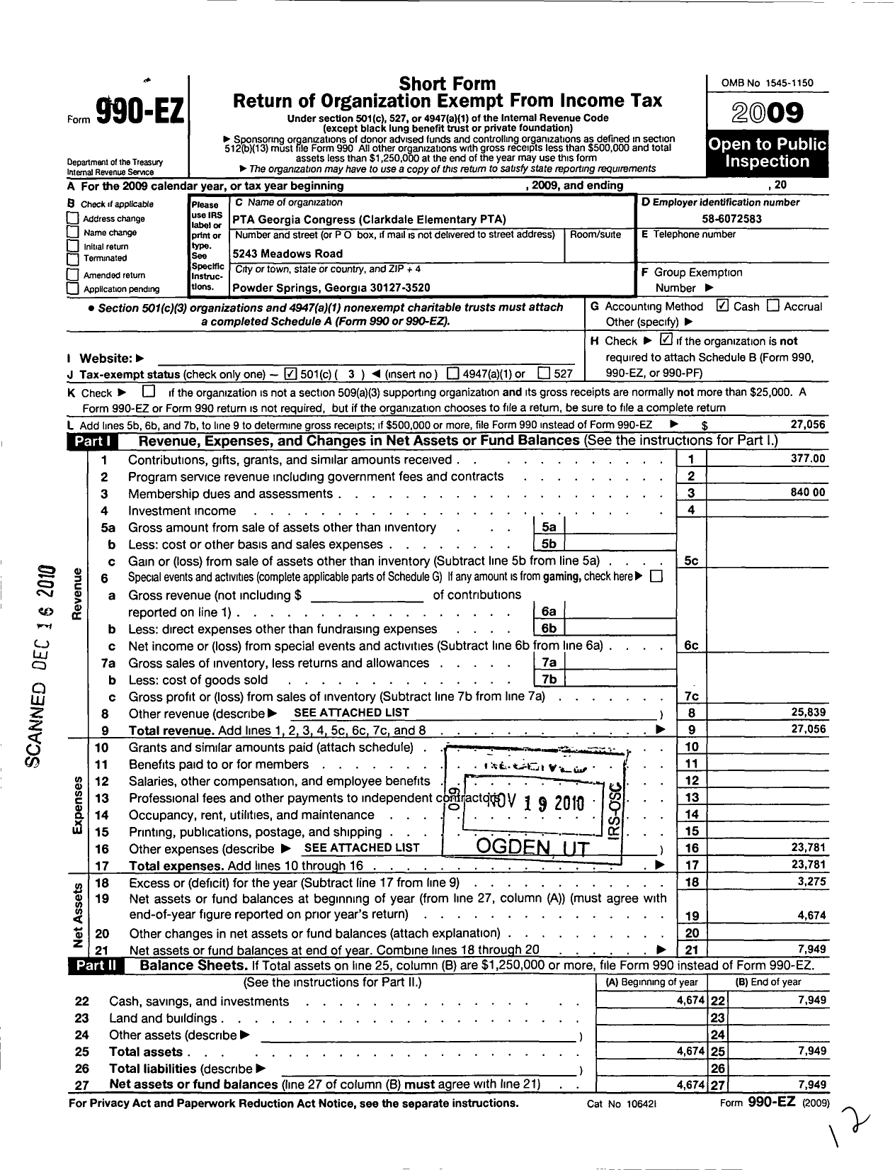 Image of first page of 2009 Form 990EZ for Georgia PTA - Clarkdale Elem PTA