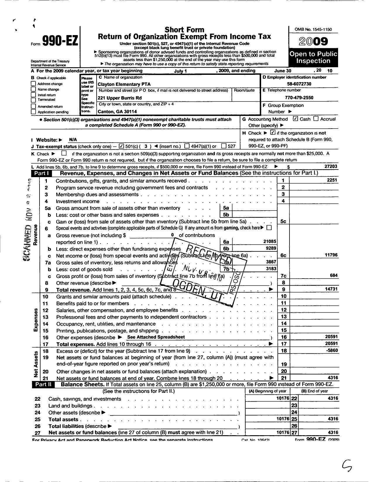 Image of first page of 2009 Form 990EZ for Georgia PTA - Clayton Es PTA