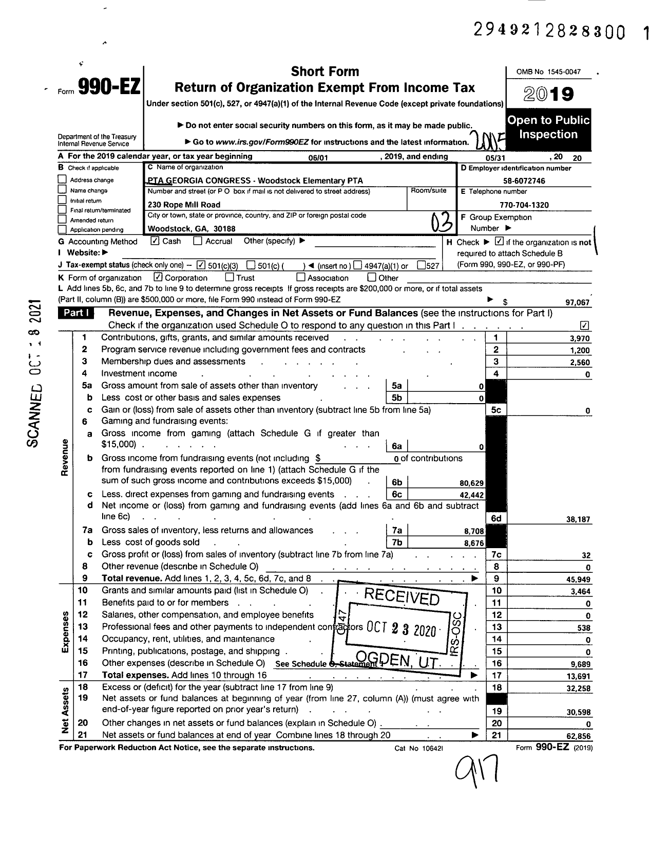 Image of first page of 2019 Form 990EZ for GEORGIA PTA - Woodstock ES PTA