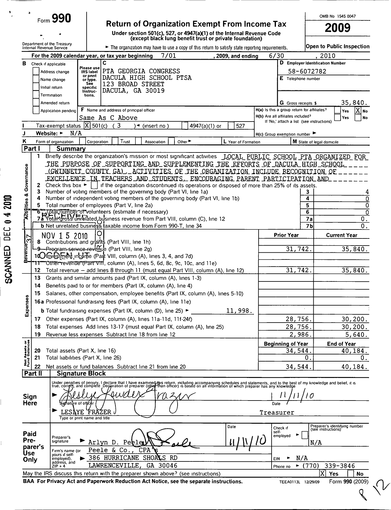 Image of first page of 2009 Form 990 for Georgia PTA - Dacula HS Ptsa