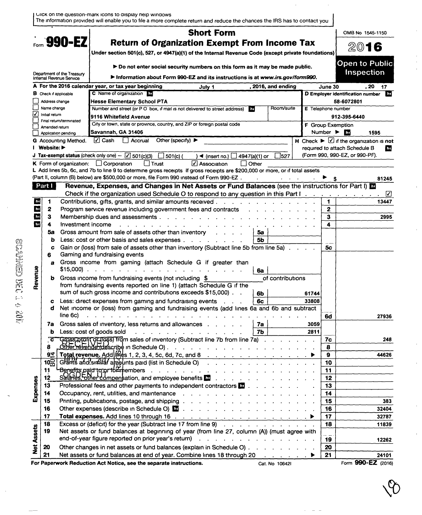 Image of first page of 2016 Form 990EZ for Georgia PTA - Hesse K-8 PTA