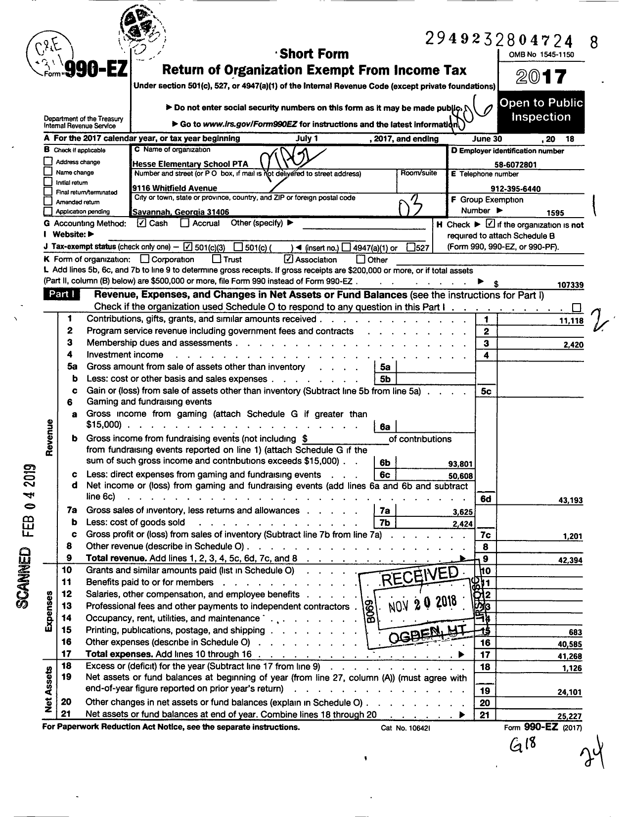 Image of first page of 2017 Form 990EZ for Georgia PTA - Hesse K-8 PTA