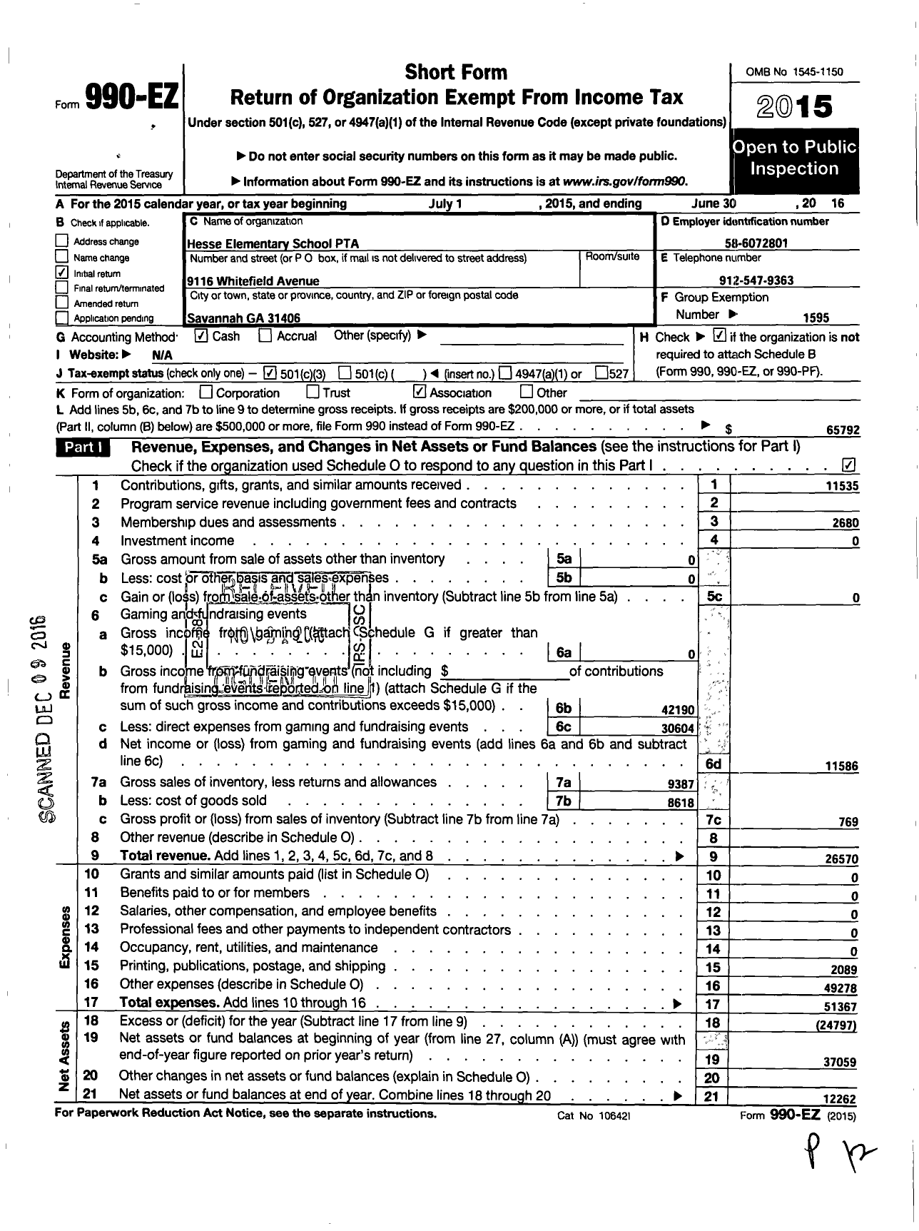 Image of first page of 2015 Form 990EZ for Georgia PTA - Hesse K-8 PTA