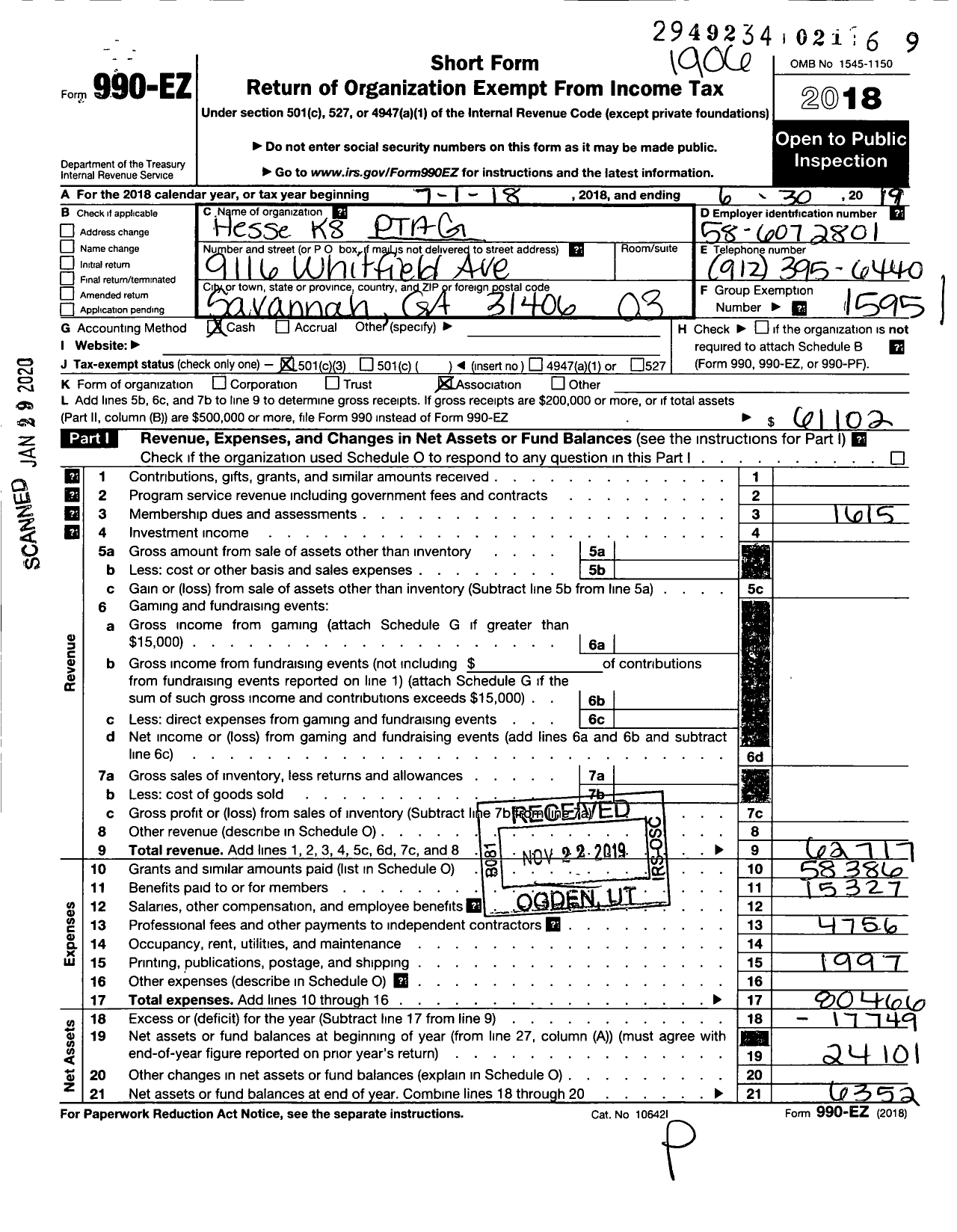 Image of first page of 2018 Form 990EZ for Georgia PTA - Hesse K-8 PTA