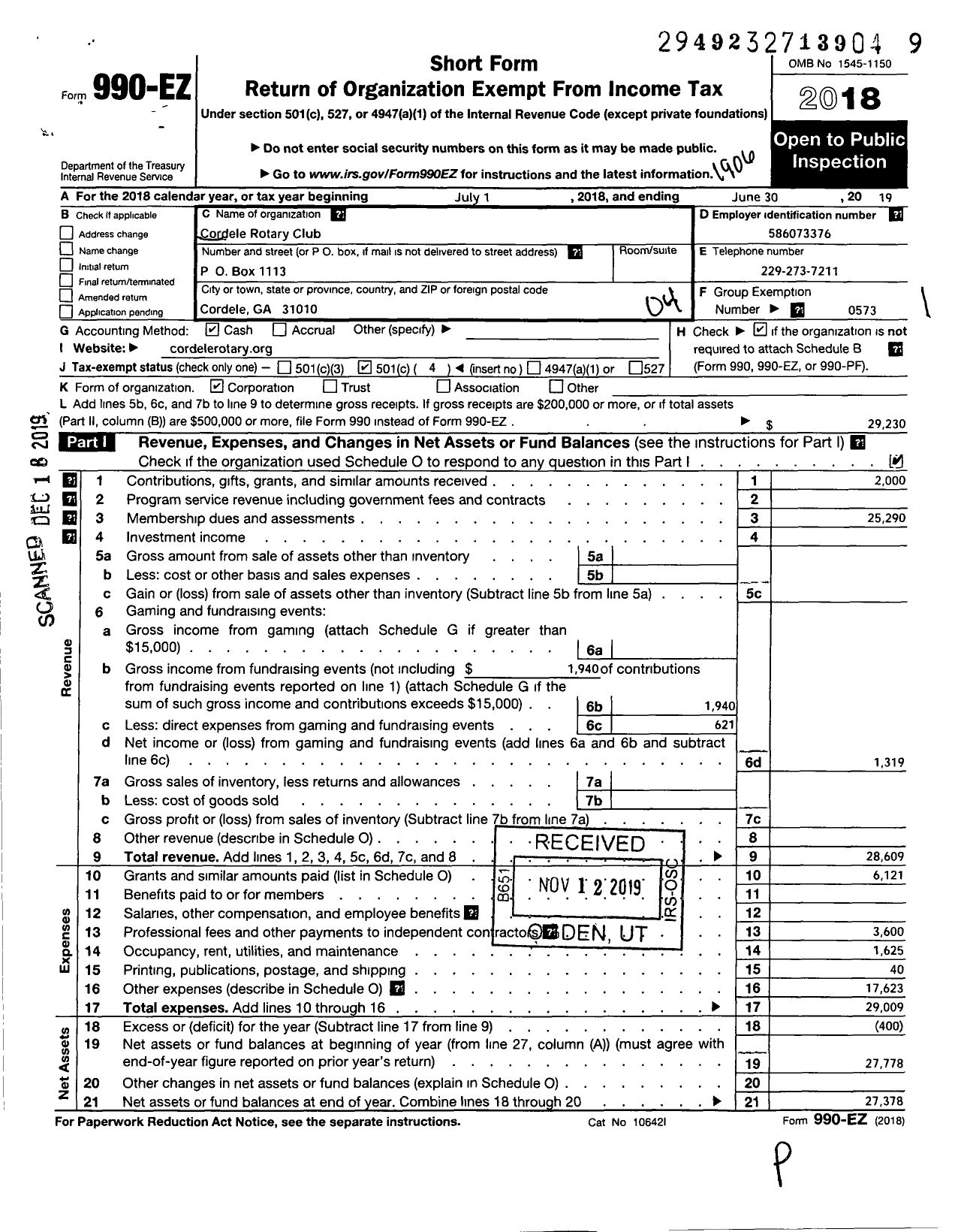 Image of first page of 2018 Form 990EO for Rotary International - Cordele Rotary