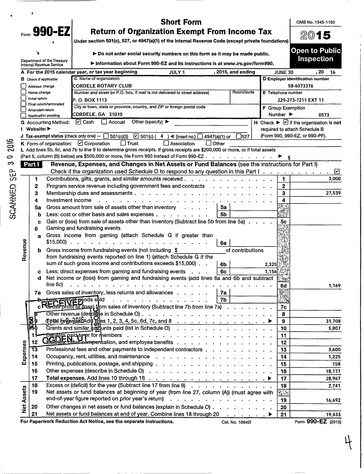 Image of first page of 2015 Form 990EO for Rotary International - Cordele Rotary