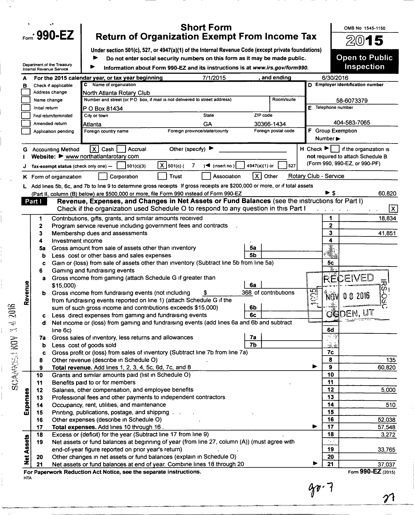 Image of first page of 2015 Form 990EO for Rotary International - North Atlanta Ga Rotary Club