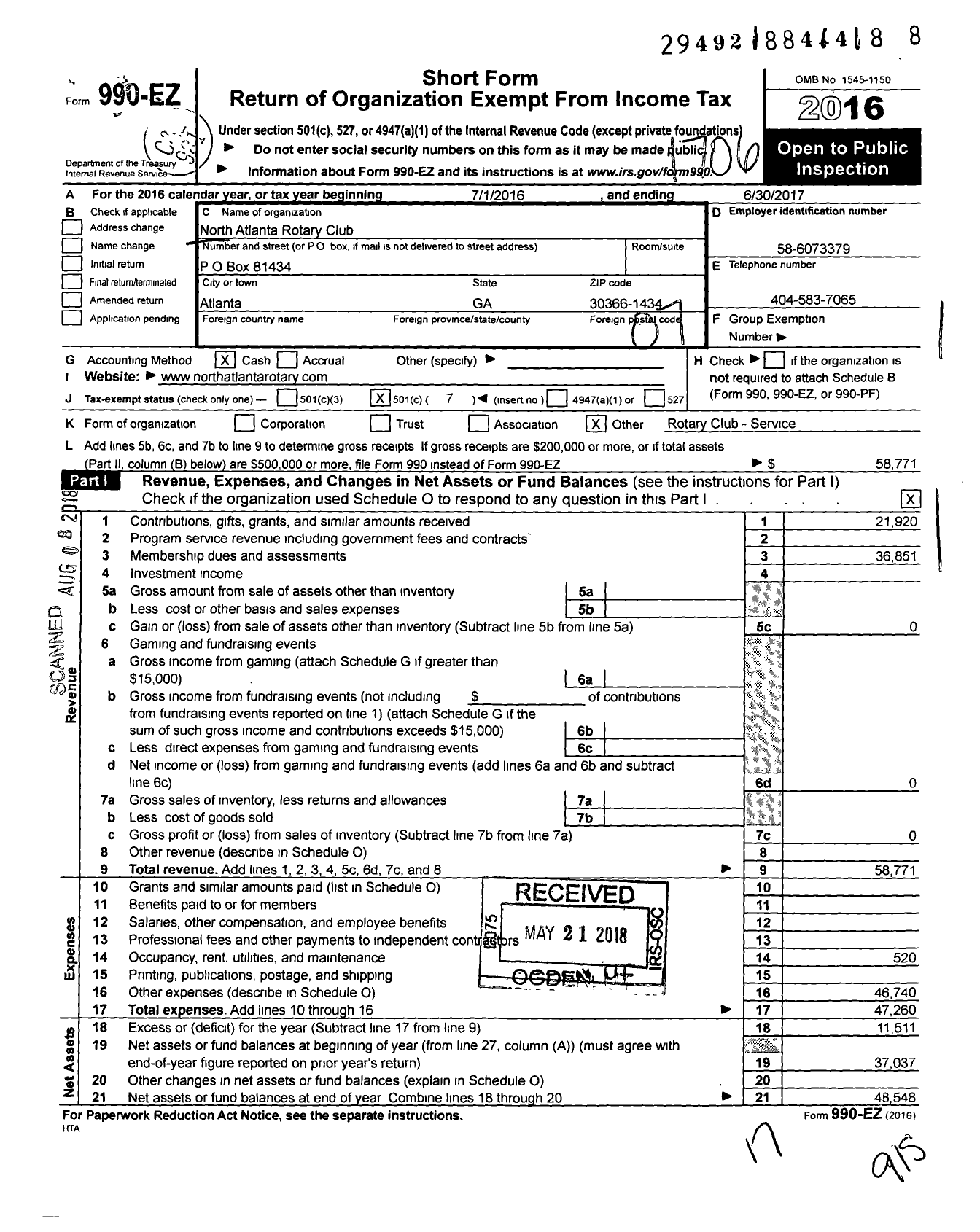 Image of first page of 2016 Form 990EO for Rotary International - North Atlanta Ga Rotary Club