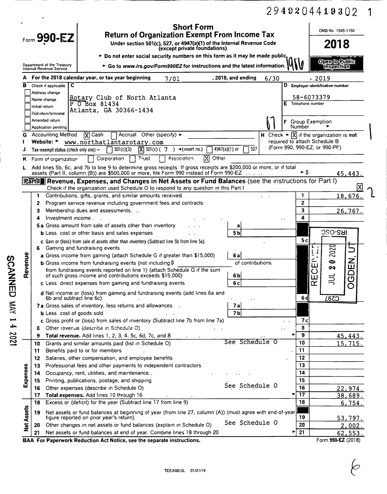 Image of first page of 2018 Form 990EO for Rotary International - North Atlanta Ga Rotary Club