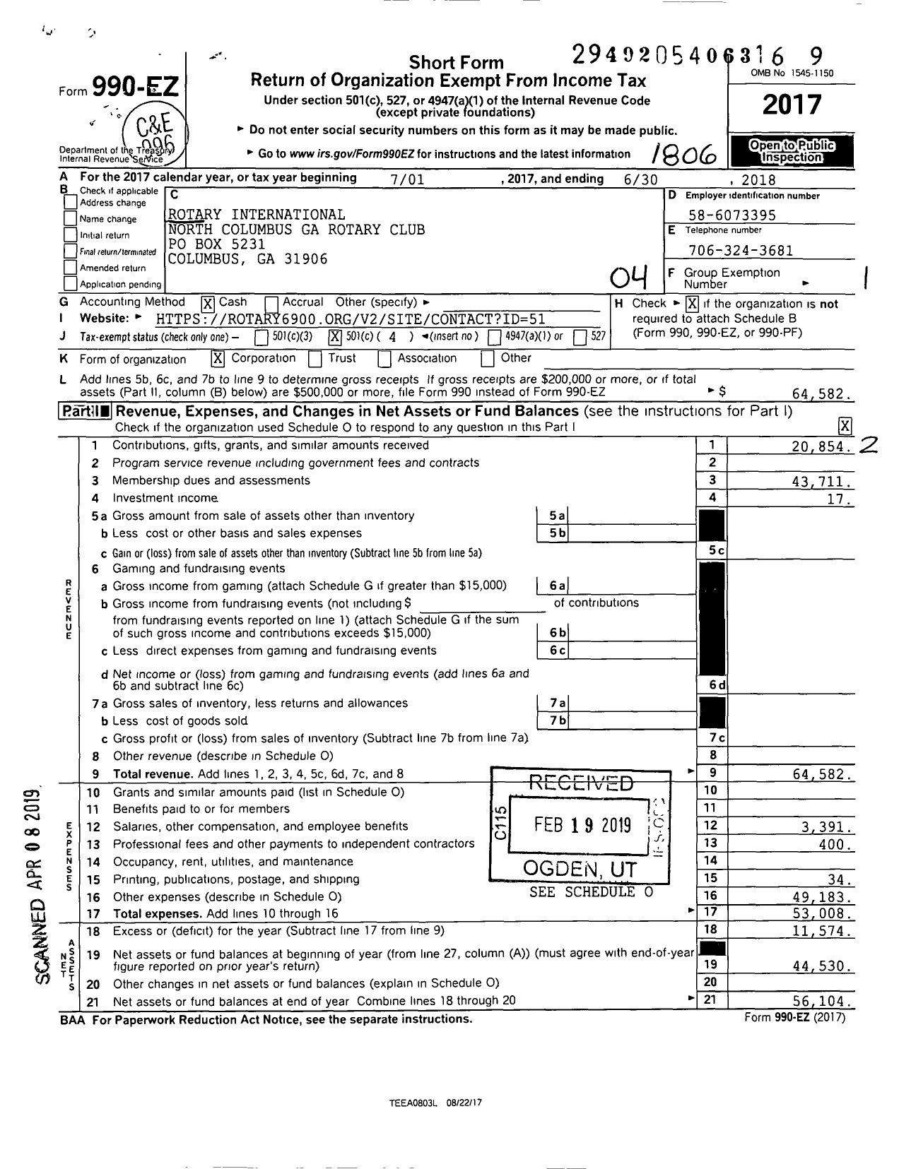 Image of first page of 2017 Form 990EO for Rotary International North Columbus GA Rotary Club