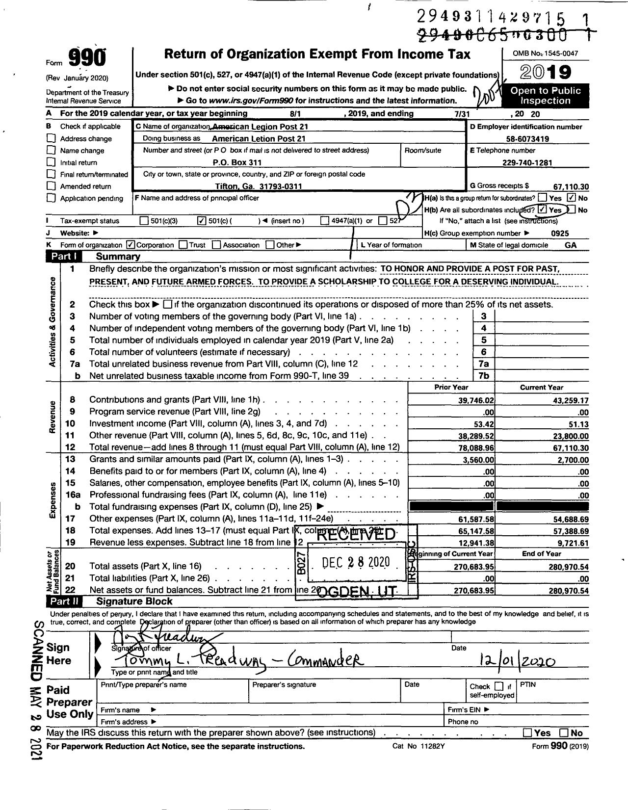 Image of first page of 2019 Form 990 for American Legion - American Legion Post 21