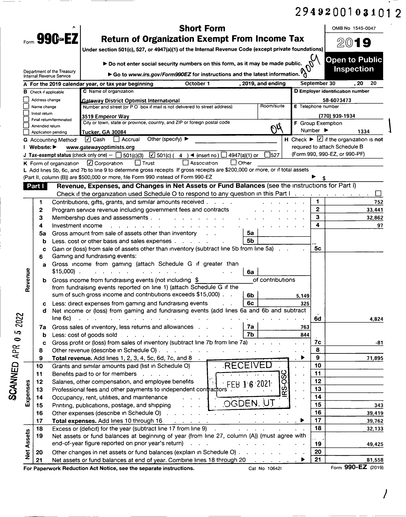 Image of first page of 2019 Form 990EO for Optimist International - 21999-gateway District