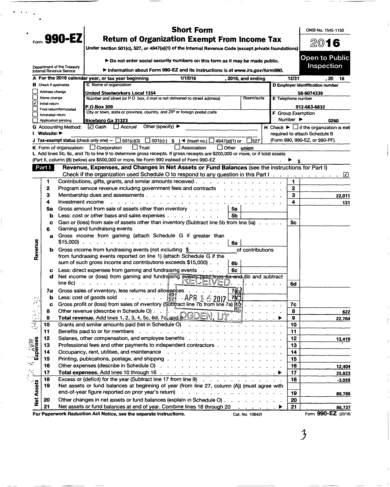 Image of first page of 2016 Form 990EO for United Steelworkers - 01354 Local