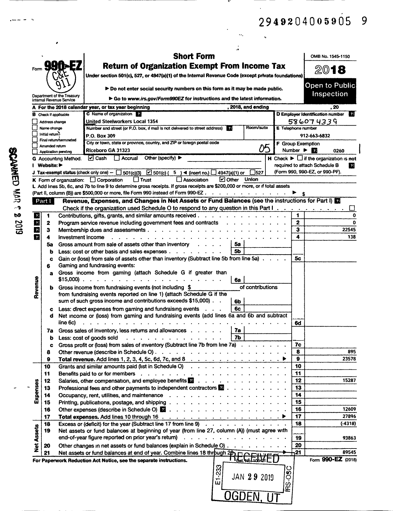 Image of first page of 2018 Form 990EO for United Steelworkers - 01354 Local