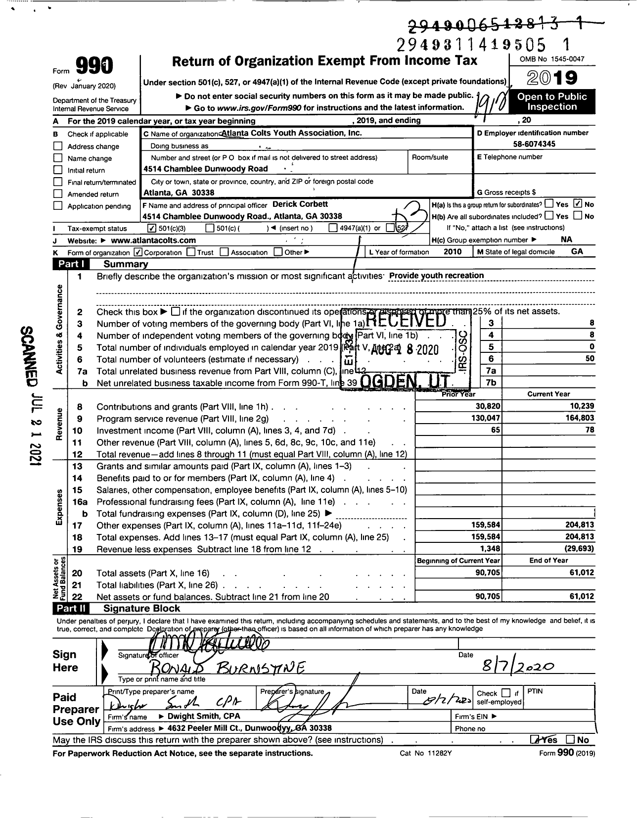 Image of first page of 2019 Form 990 for Atlanta Colts Youth Association