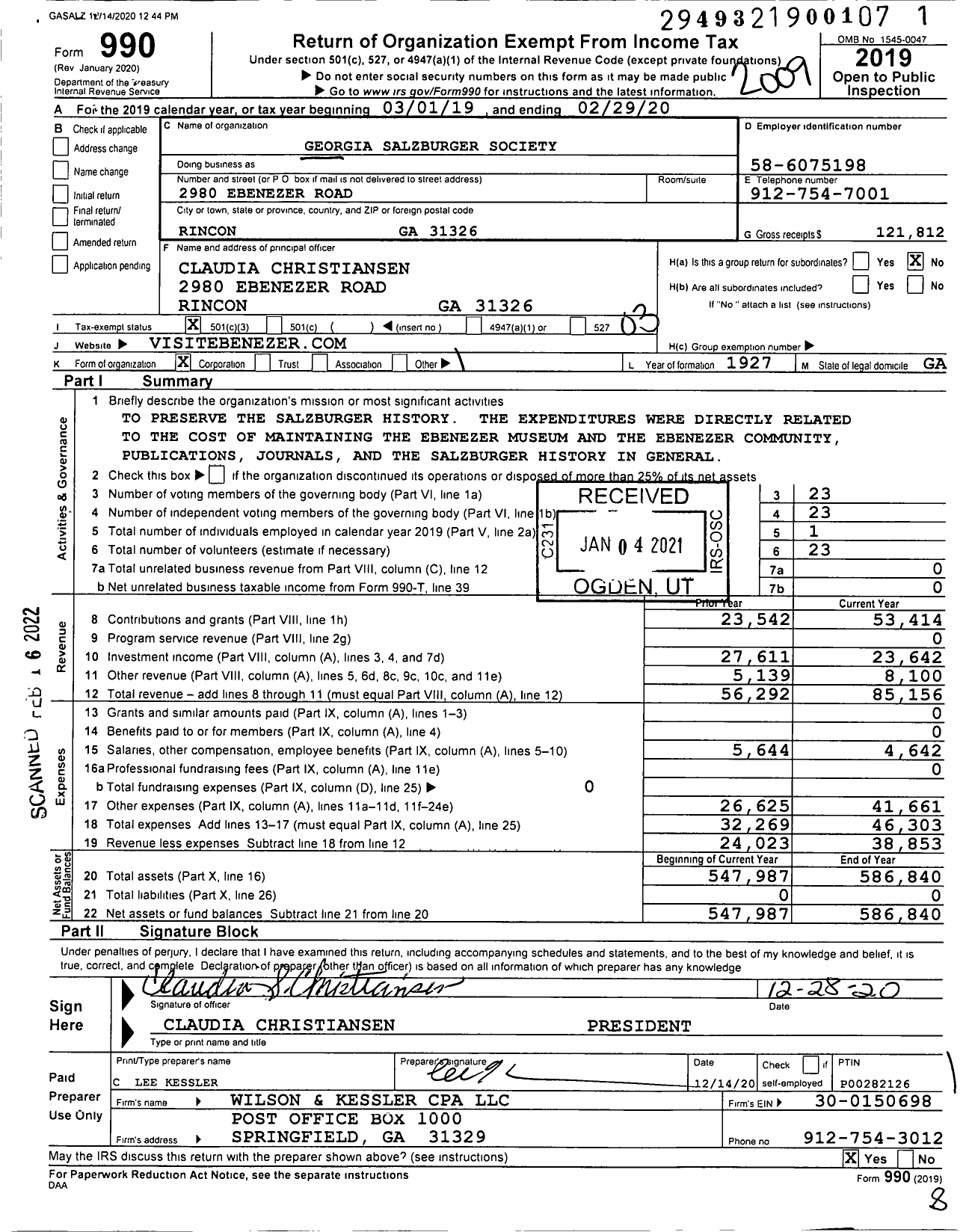 Image of first page of 2019 Form 990 for Georgia Salzburger Society