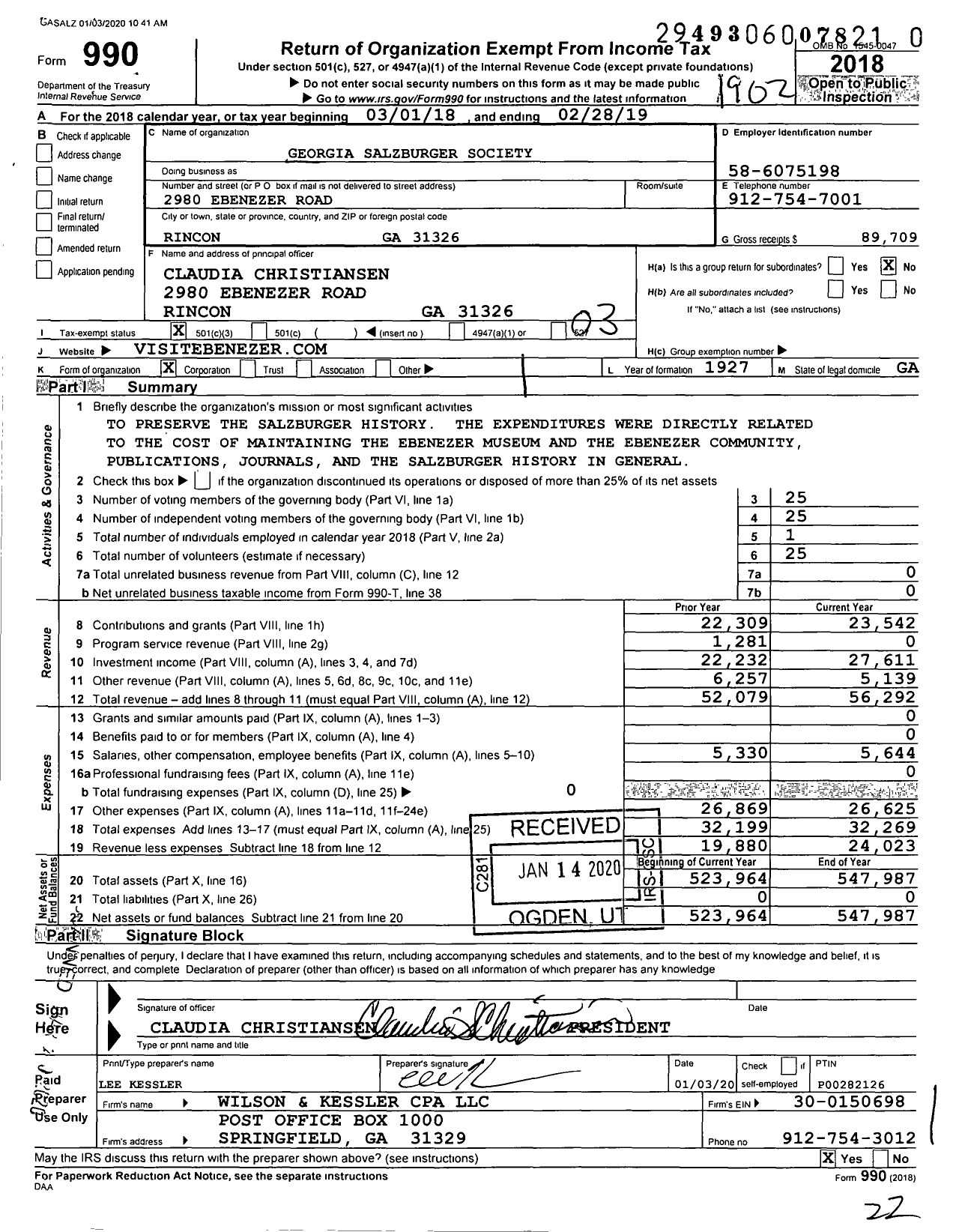 Image of first page of 2018 Form 990 for Georgia Salzburger Society