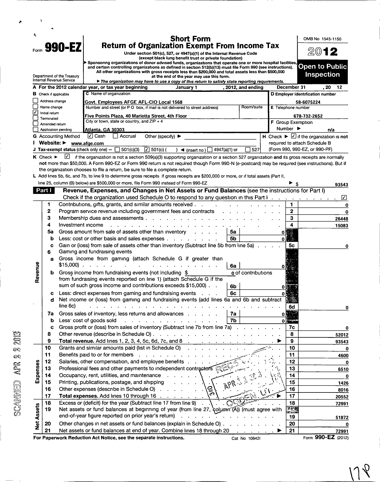 Image of first page of 2012 Form 990EO for American Federation of Government Employees - 1568 Afge Hud Local