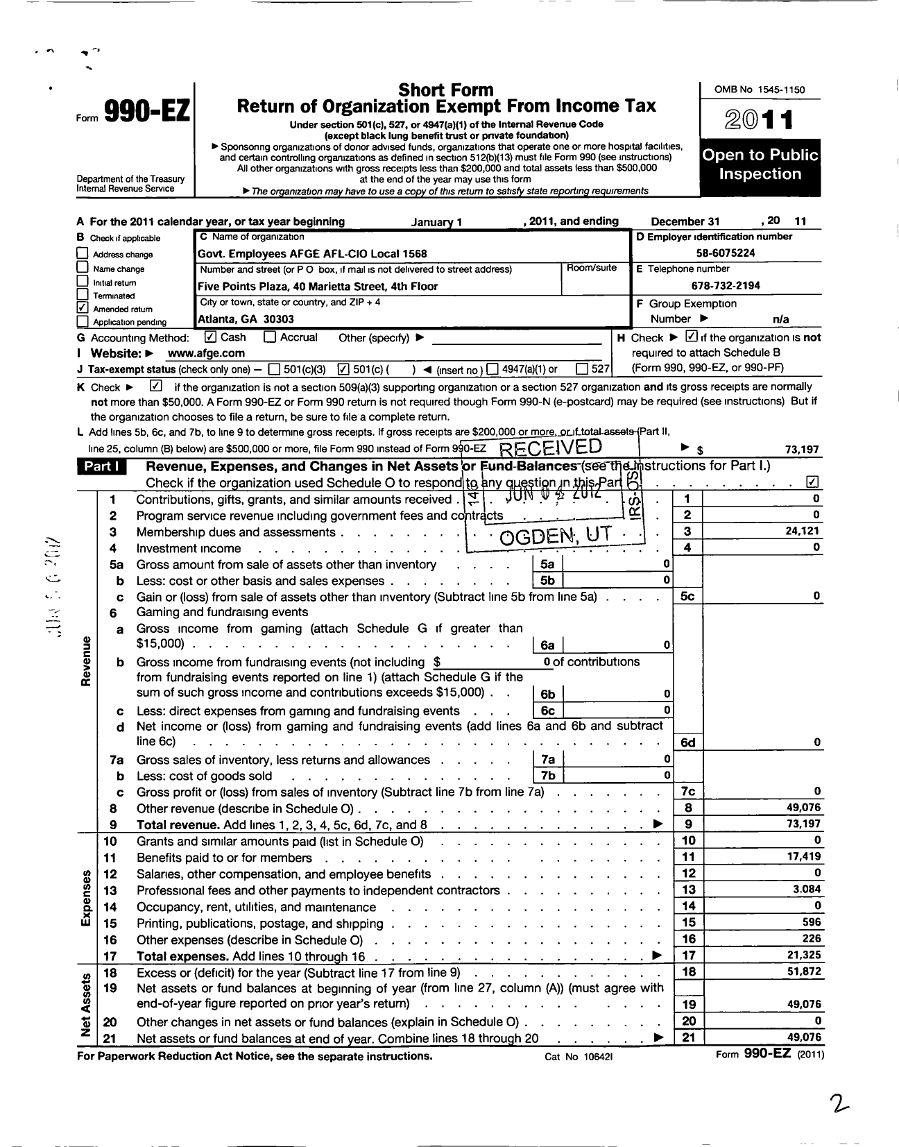 Image of first page of 2011 Form 990EO for American Federation of Government Employees - 1568 Afge Hud Local