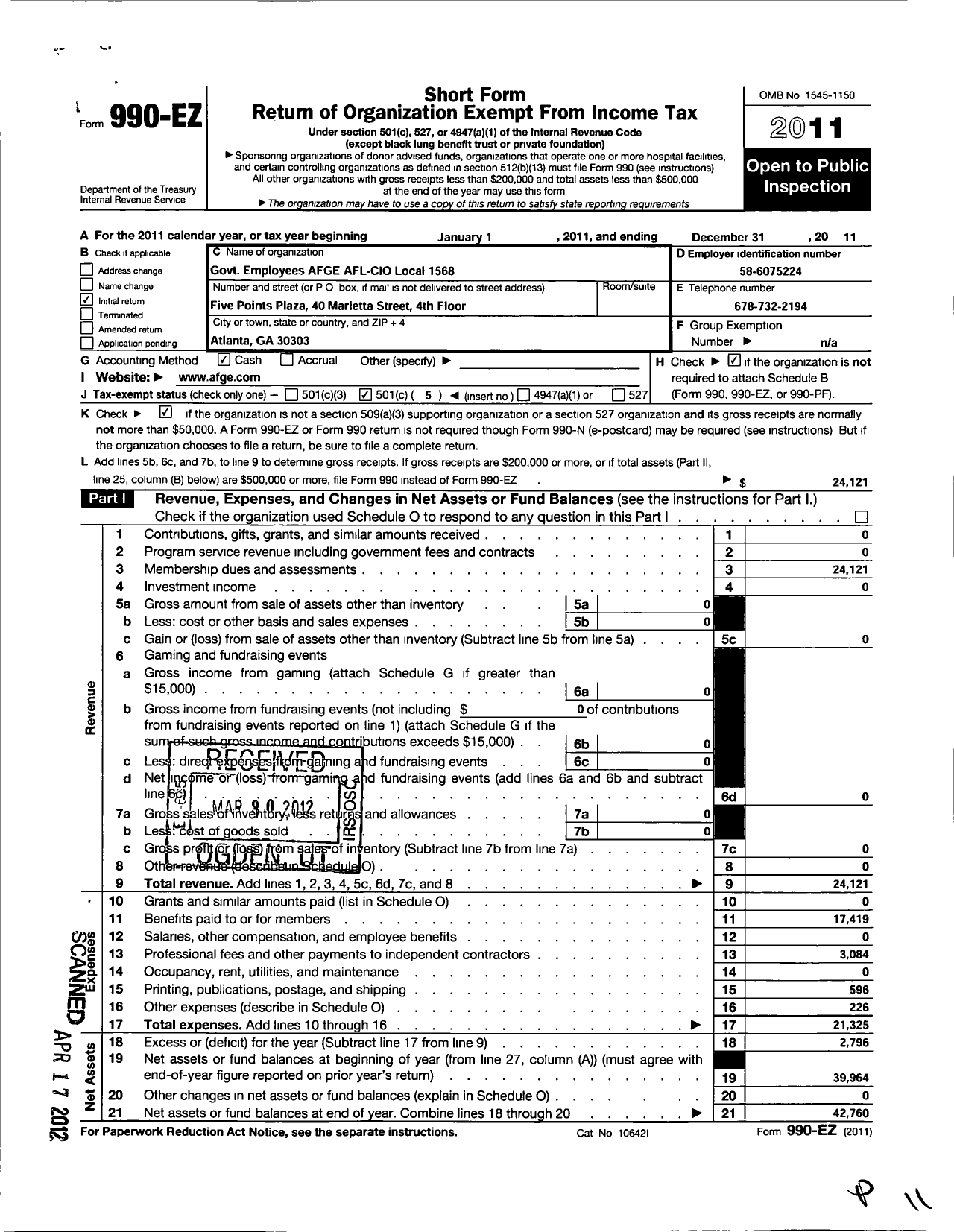 Image of first page of 2011 Form 990EO for American Federation of Government Employees - 1568 Afge Hud Local