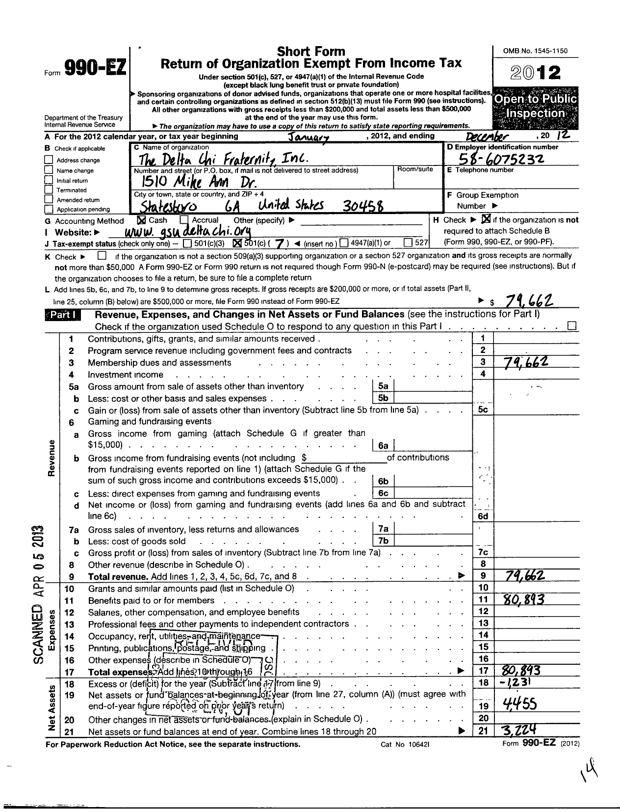 Image of first page of 2012 Form 990EO for Delta Chi Fraternity / Georgia Southern Chapter