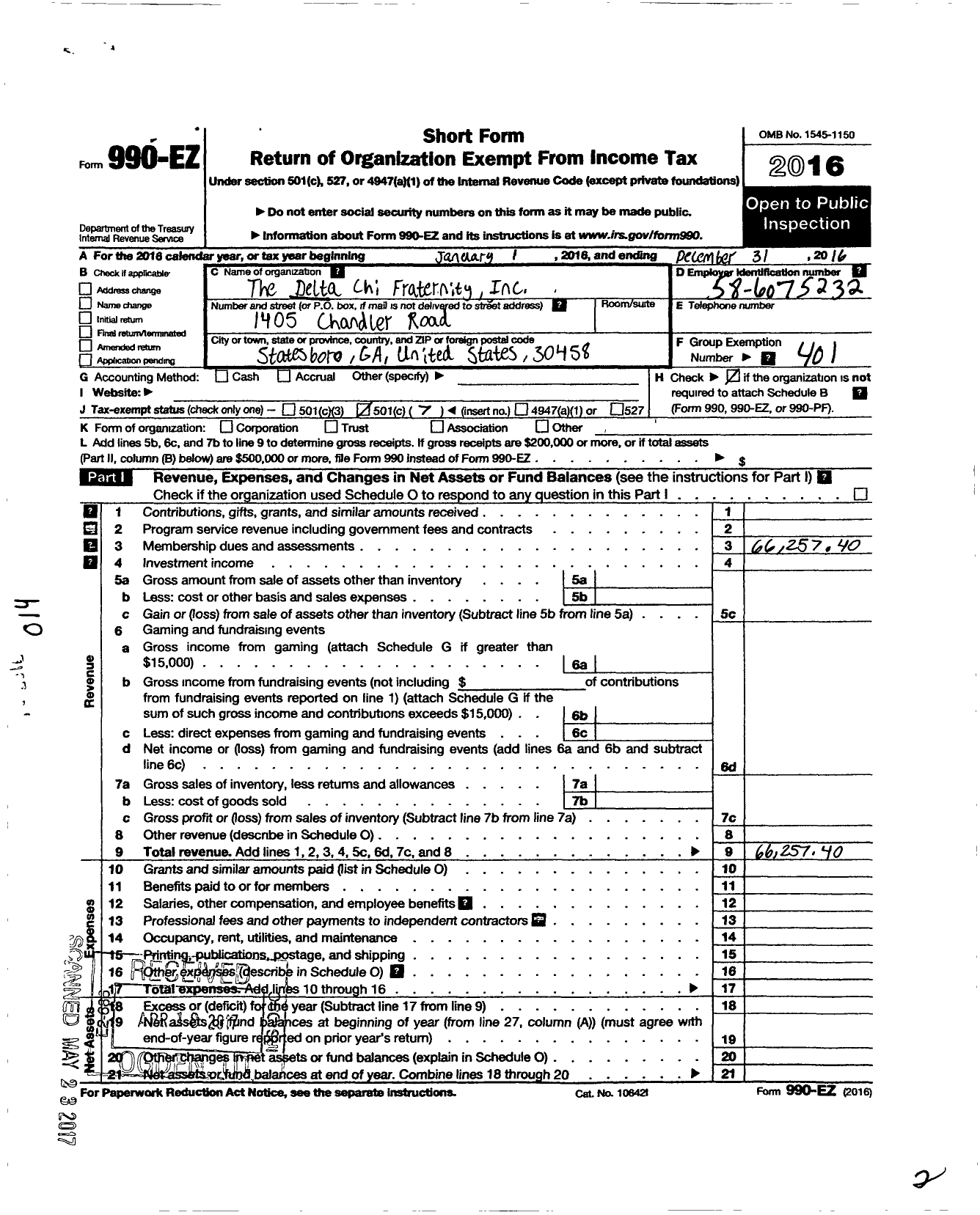 Image of first page of 2016 Form 990EO for Delta Chi Fraternity / Georgia Southern Chapter