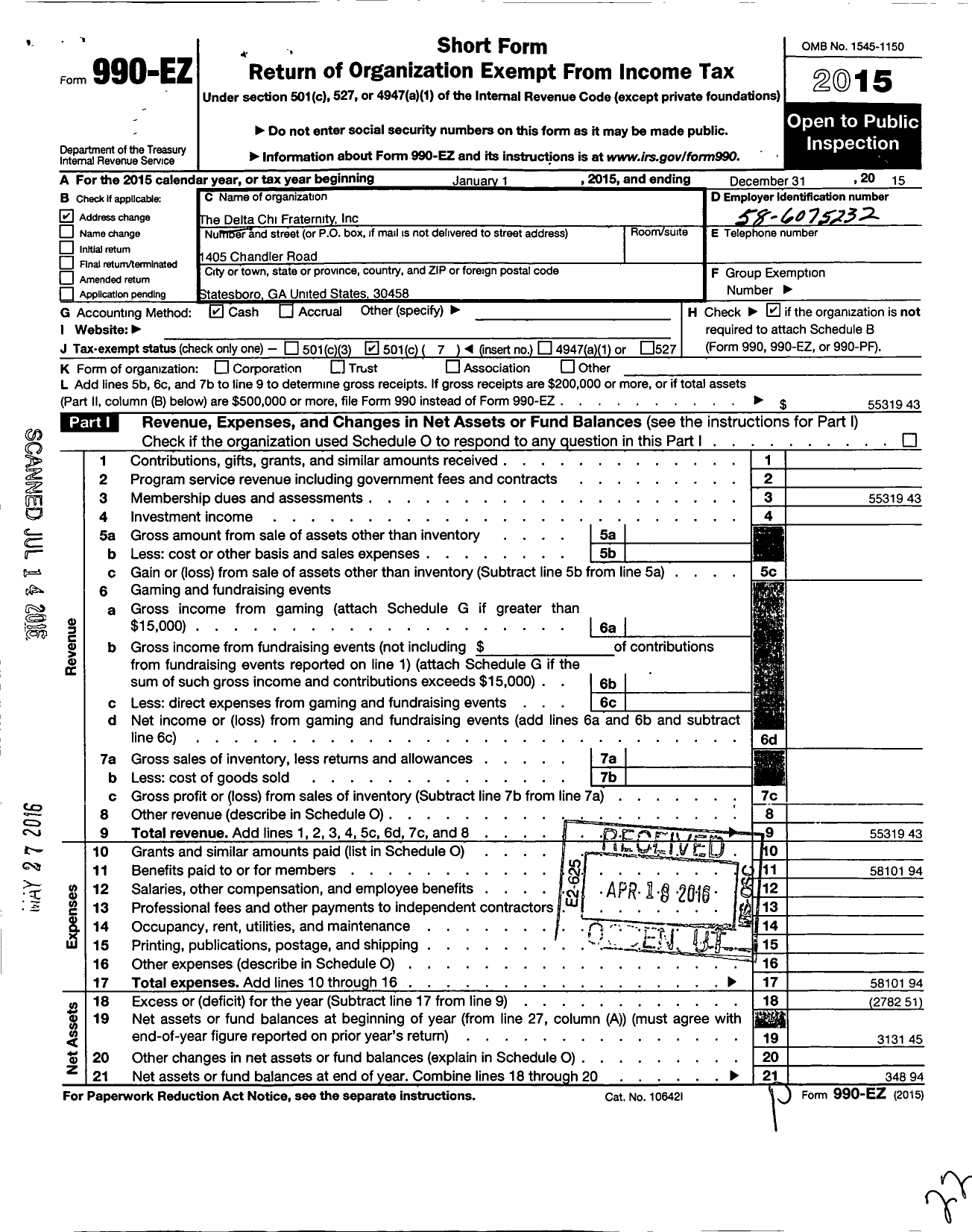 Image of first page of 2015 Form 990EO for Delta Chi Fraternity / Georgia Southern Chapter