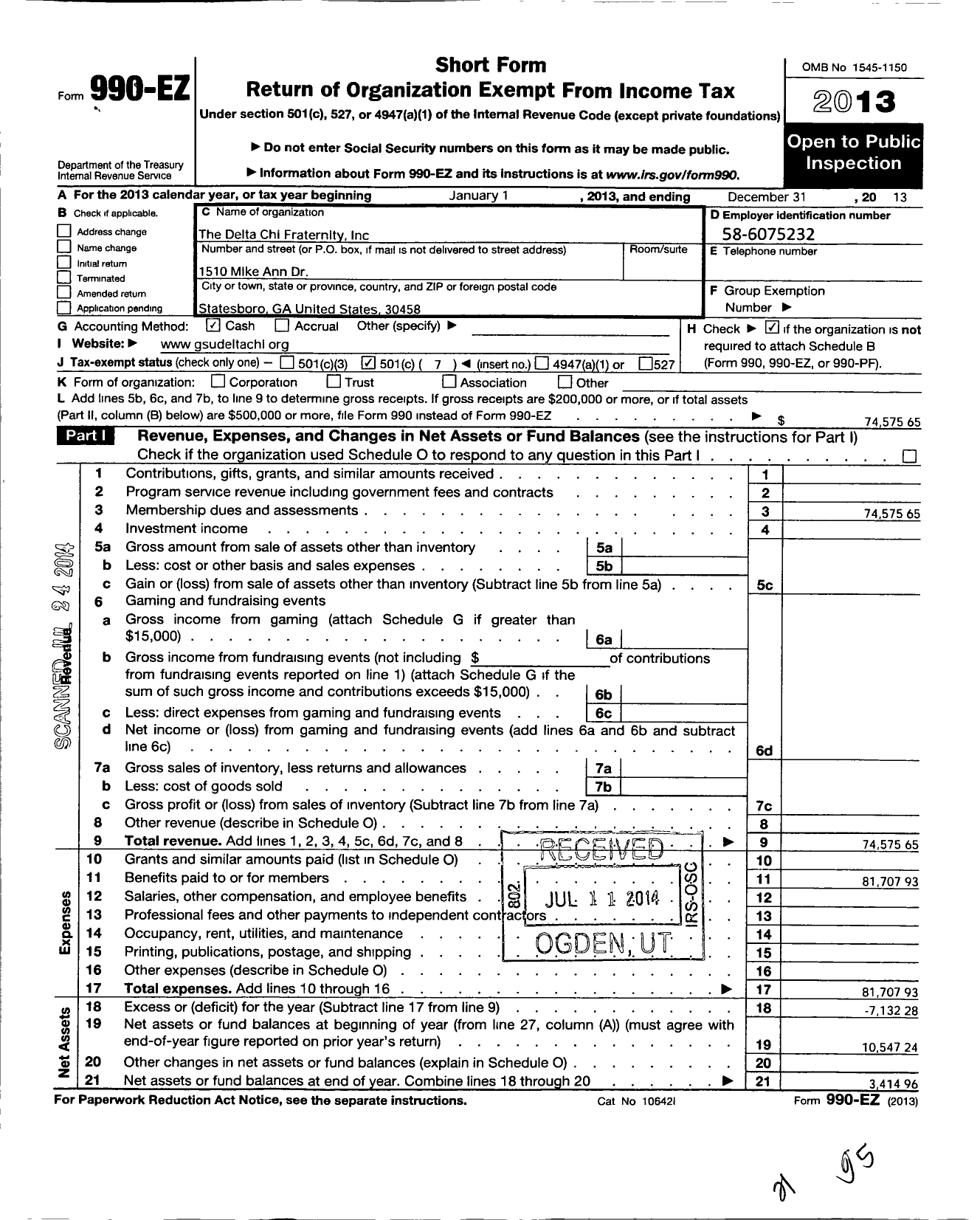 Image of first page of 2013 Form 990EO for Delta Chi Fraternity / Georgia Southern Chapter