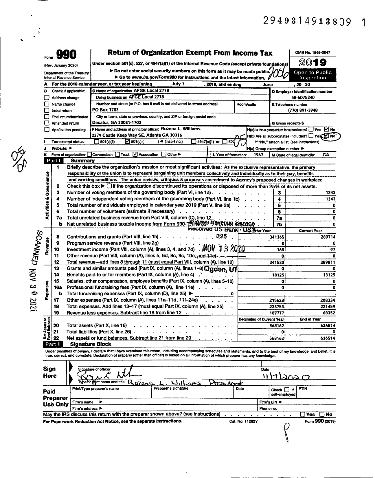 Image of first page of 2019 Form 990O for American Federation of Government Employees - AFGE Local 2778