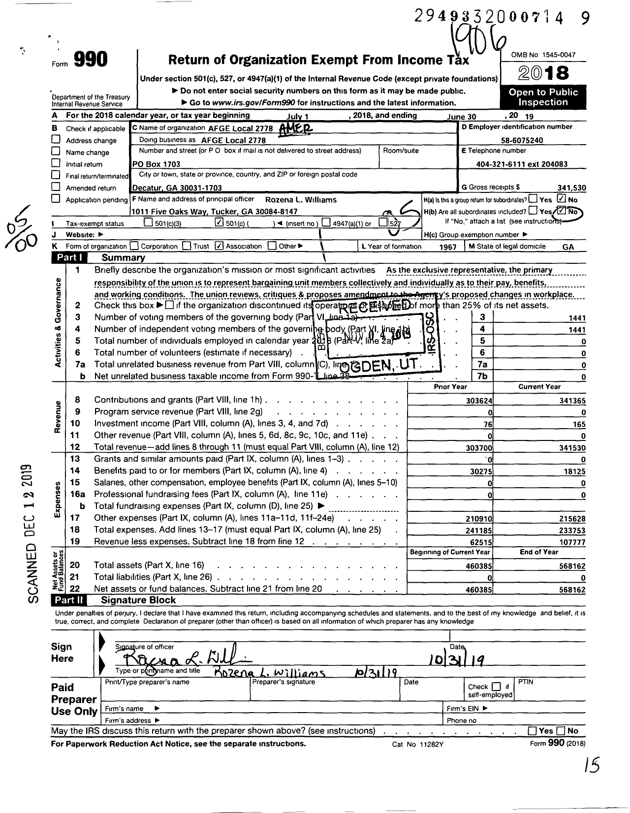 Image of first page of 2018 Form 990O for American Federation of Government Employees - AFGE Local 2778