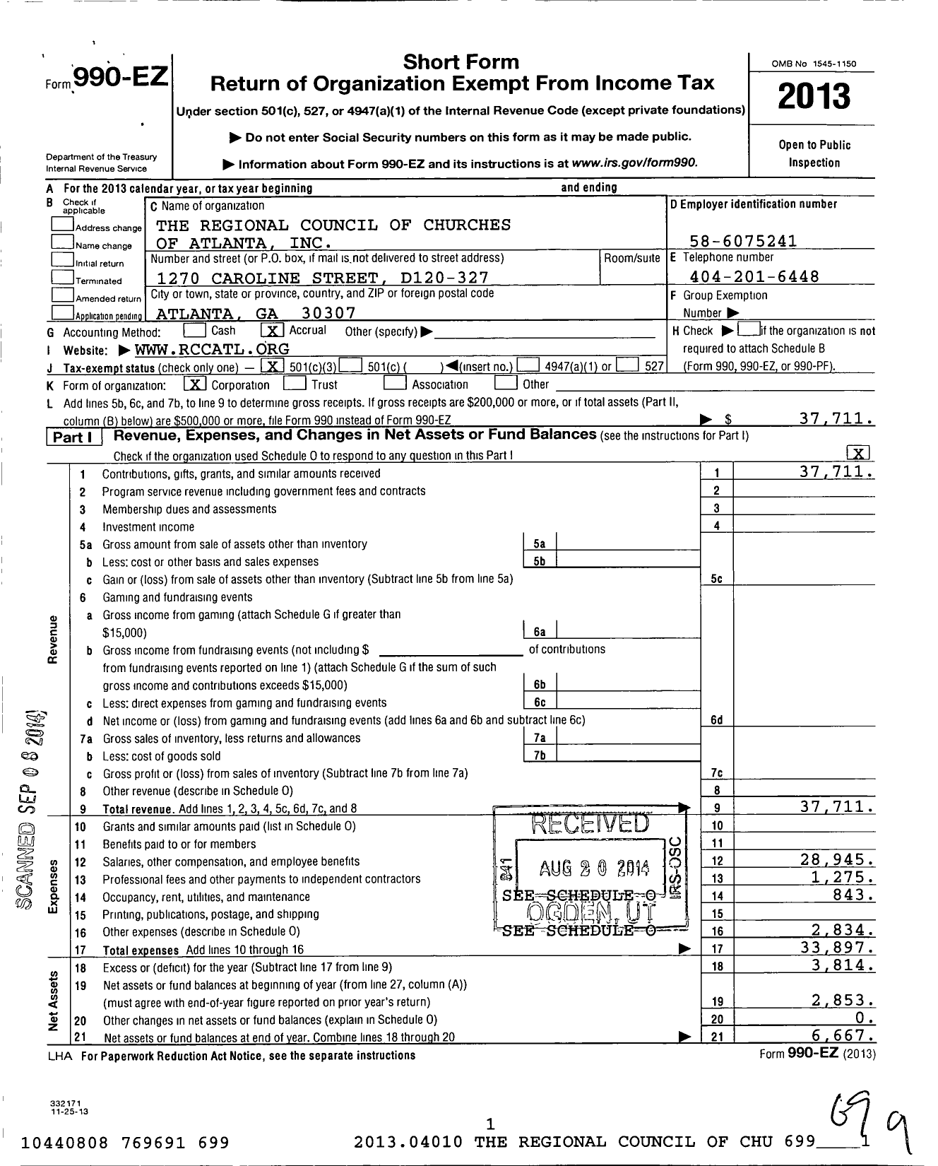 Image of first page of 2013 Form 990EZ for The Regional Council of Churches O Atlanta