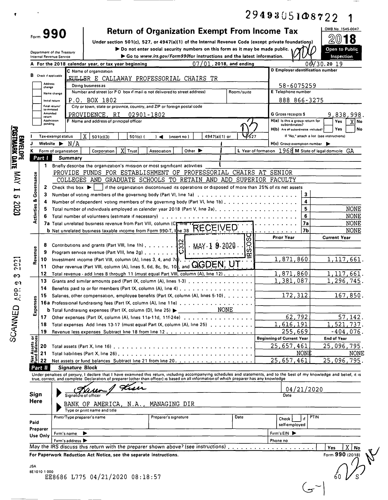 Image of first page of 2018 Form 990 for Fuller E Callaway Professorial Chairs Trust