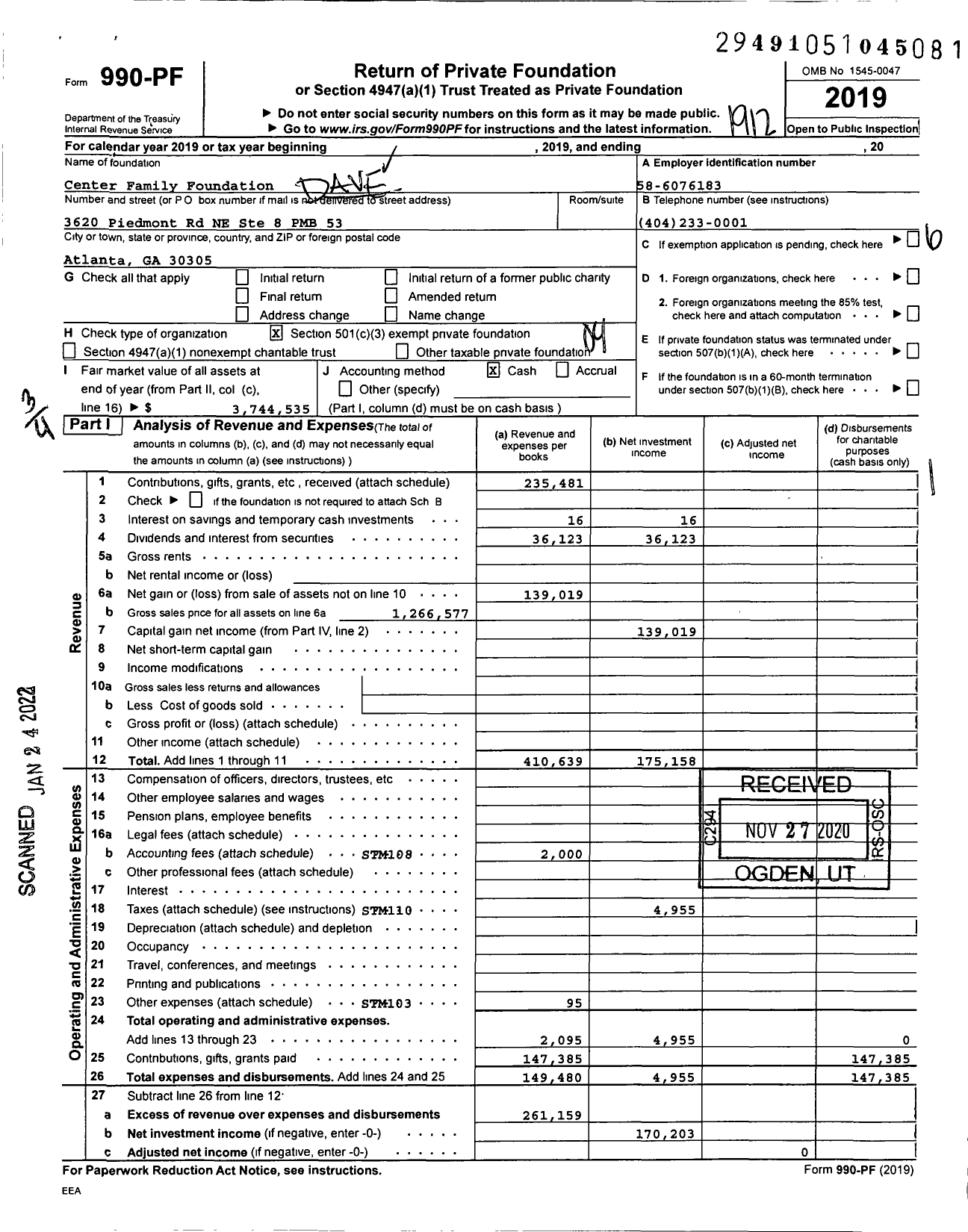 Image of first page of 2019 Form 990PF for Center Family Foundation