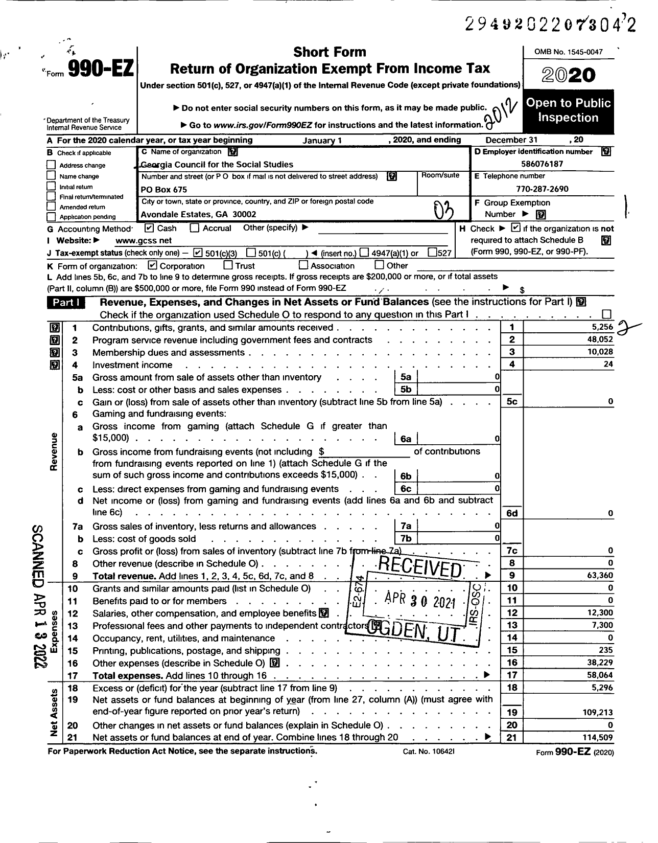 Image of first page of 2020 Form 990EZ for Georgia Council for Social Sciences