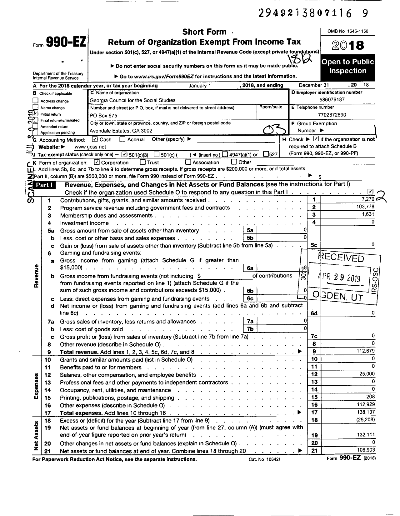 Image of first page of 2018 Form 990EZ for Georgia Council for Social Sciences