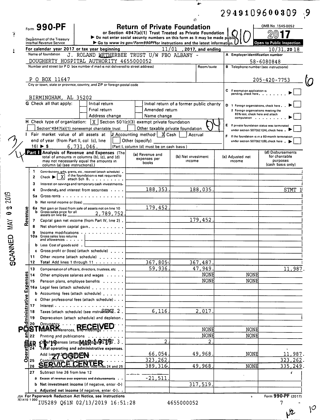 Image of first page of 2017 Form 990PF for J Roland Wetherbee Trust Uw Fbo Albany -