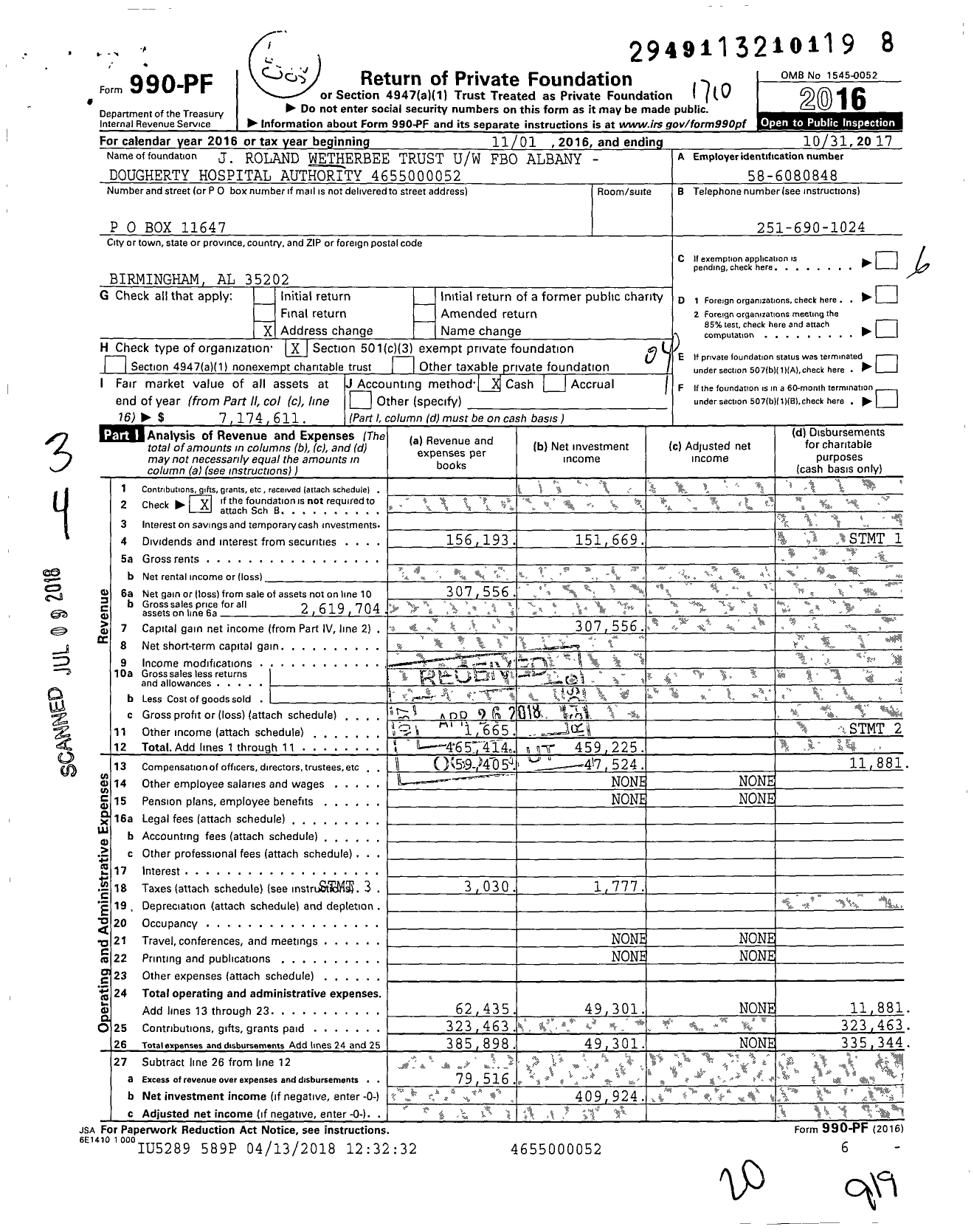 Image of first page of 2016 Form 990PF for J Roland Wetherbee Trust Uw Fbo Albany -