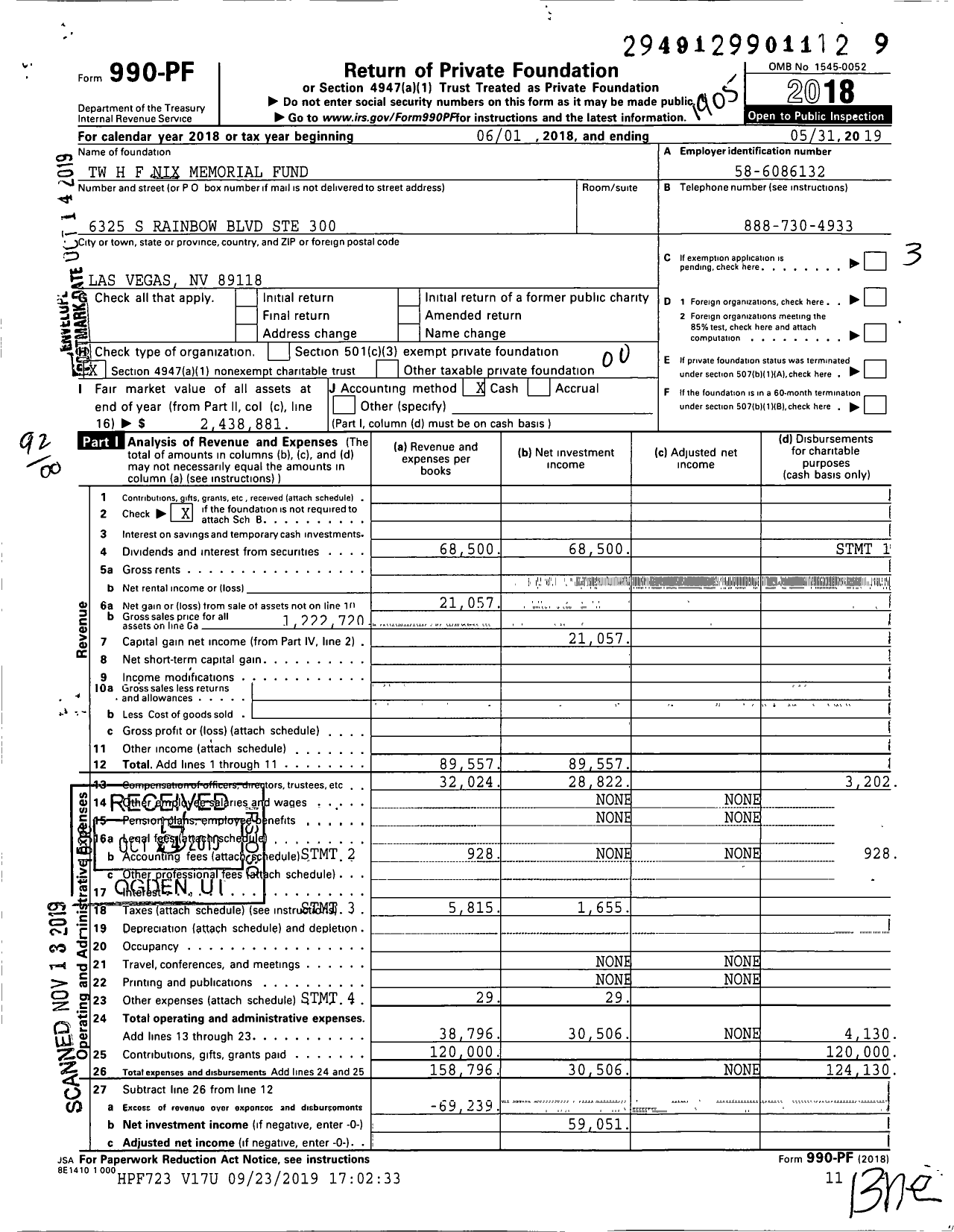 Image of first page of 2018 Form 990PF for TW H F Nix Memorial Fund