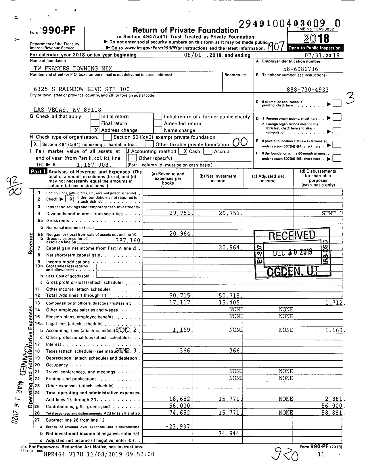 Image of first page of 2018 Form 990PR for TW Frances Downing Nix