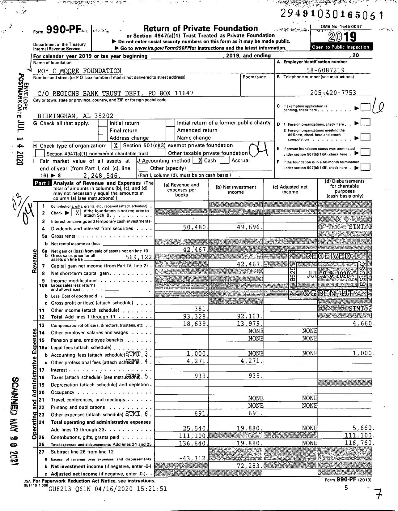 Image of first page of 2019 Form 990PF for Roy C Moore Foundation