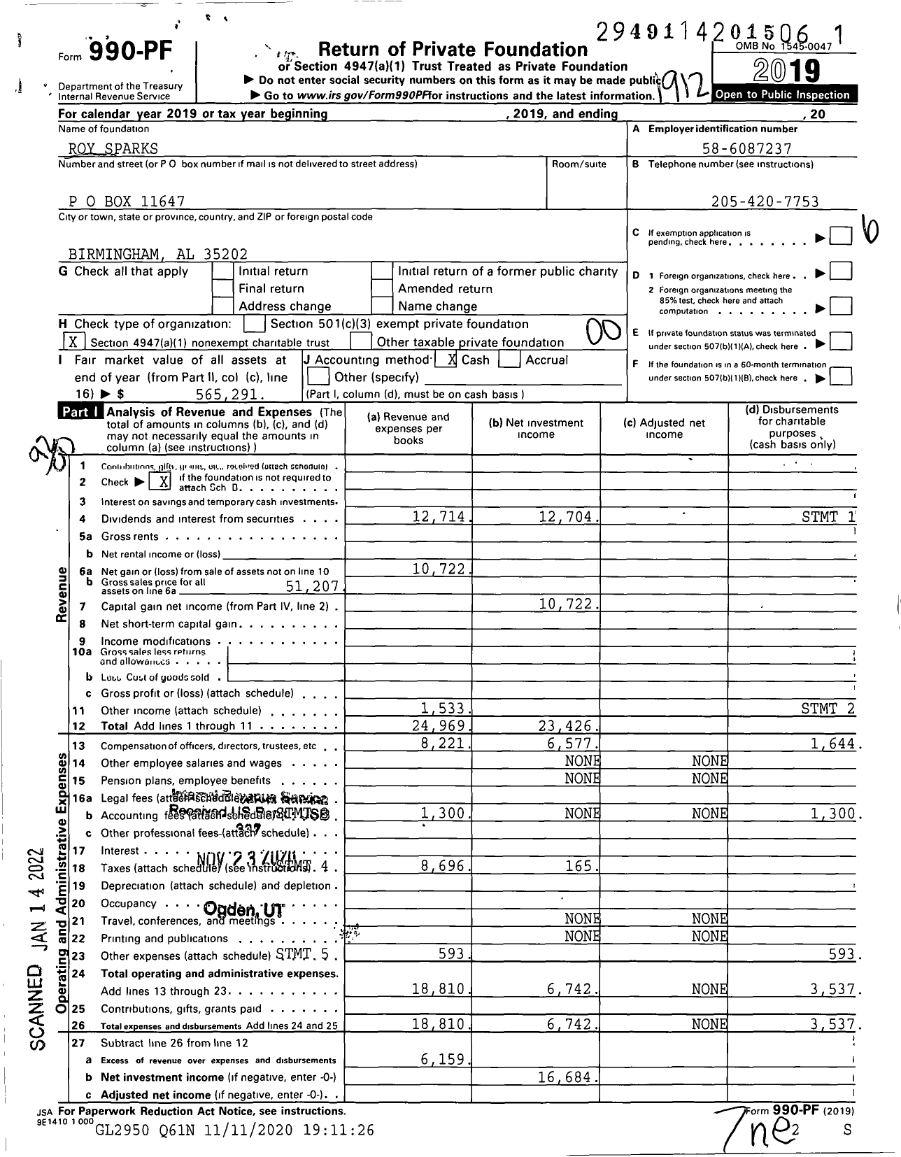 Image of first page of 2019 Form 990PF for Roy Sparks