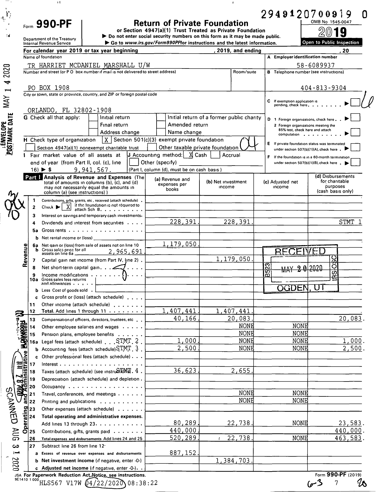 Image of first page of 2019 Form 990PR for The Harriett Mcdaniel Marshall Fund