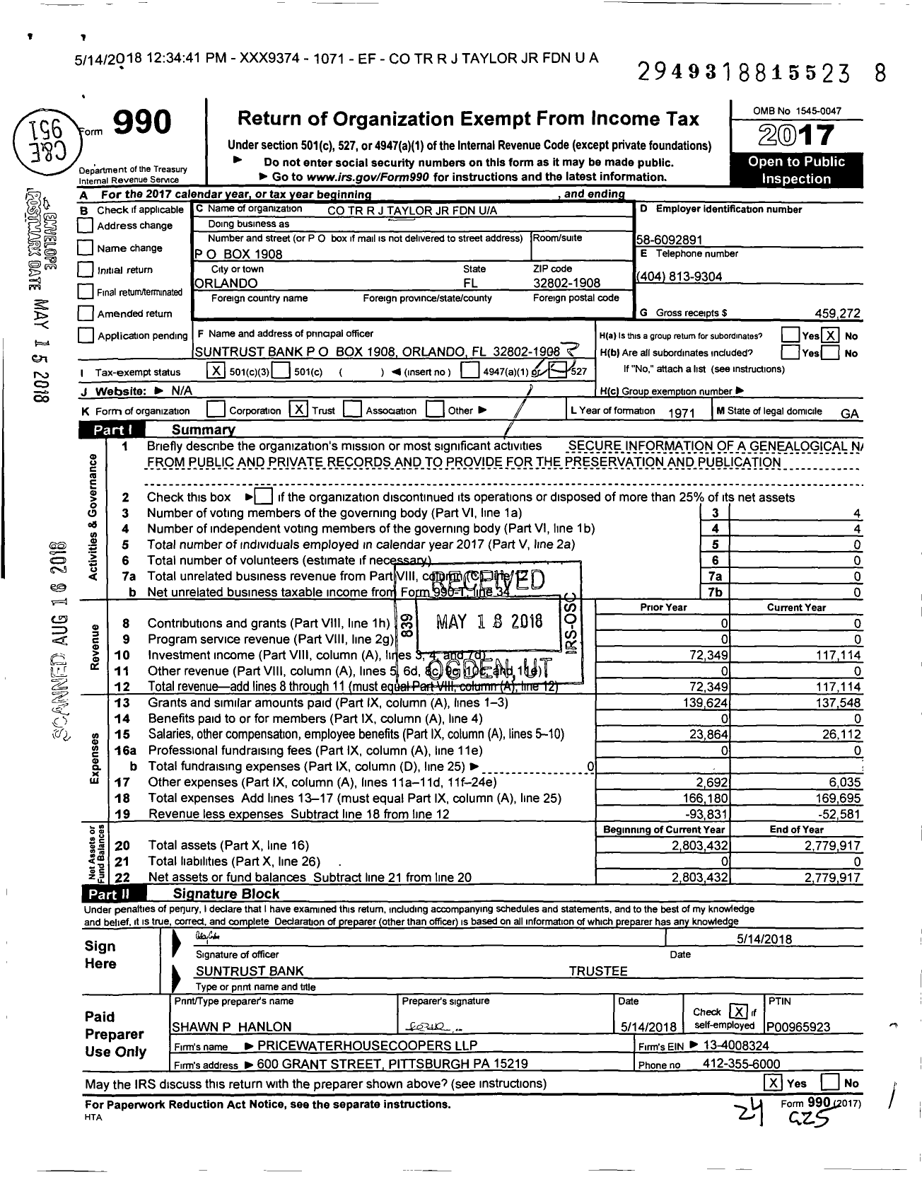 Image of first page of 2017 Form 990 for R J Taylor JR Foundation Trust