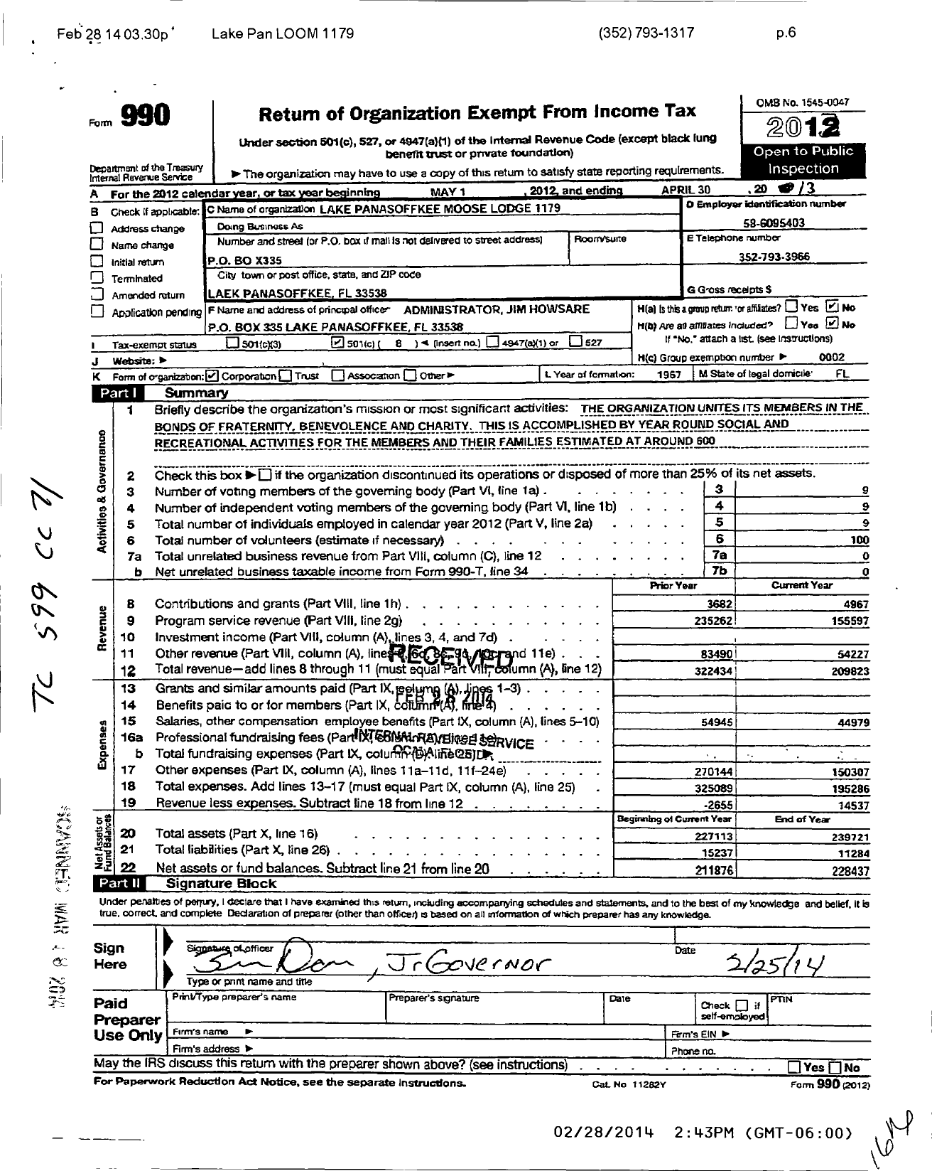 Image of first page of 2012 Form 990O for Lake Panasoffkee Moose Lodge 1179
