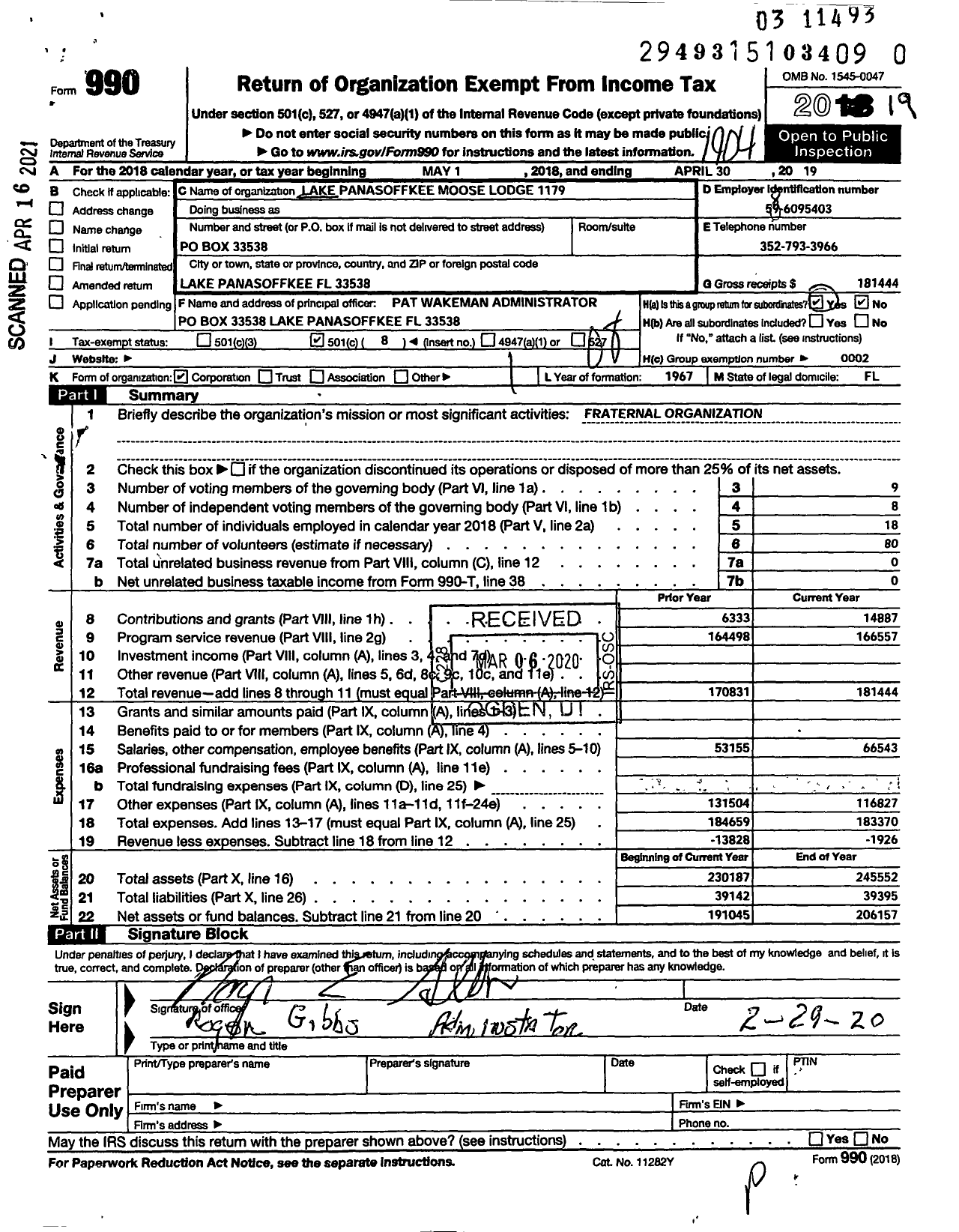 Image of first page of 2018 Form 990O for Lake Panasoffkee Moose Lodge 1179