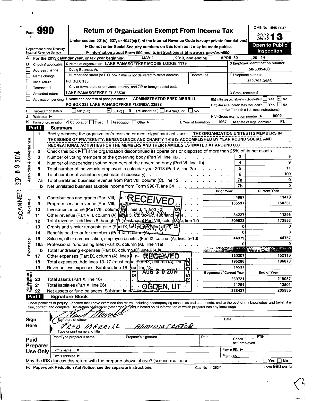 Image of first page of 2013 Form 990O for Lake Panasoffkee Moose Lodge 1179