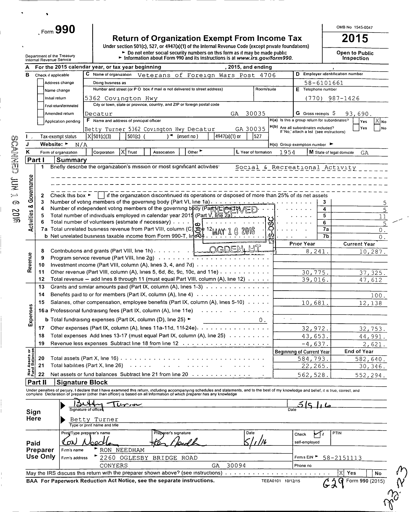 Image of first page of 2015 Form 990 for Veterans of Foreign Wars of the United States Dept of Georgia - 4706