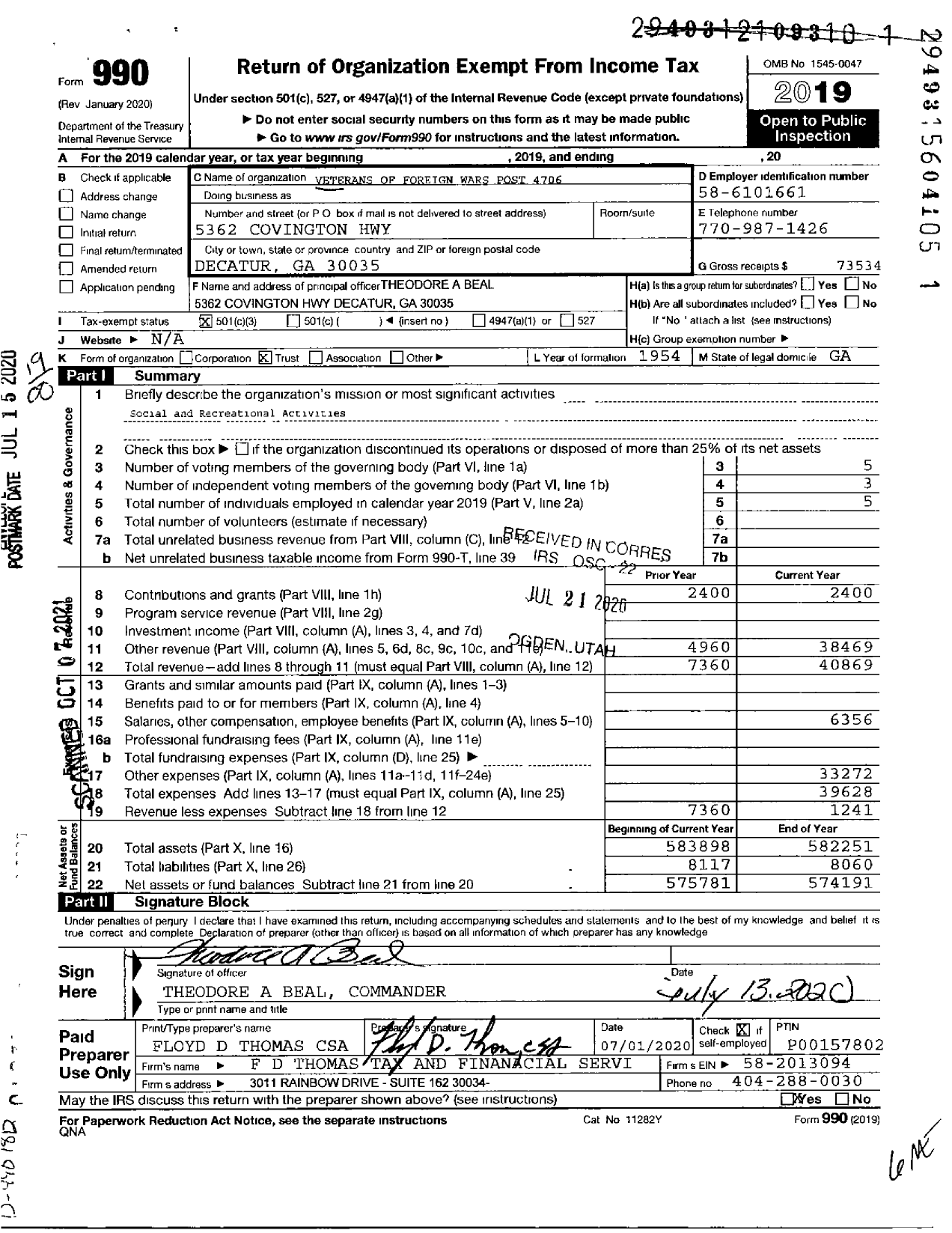 Image of first page of 2019 Form 990O for Veterans of Foreign Wars of the United States Dept of Georgia - 4706