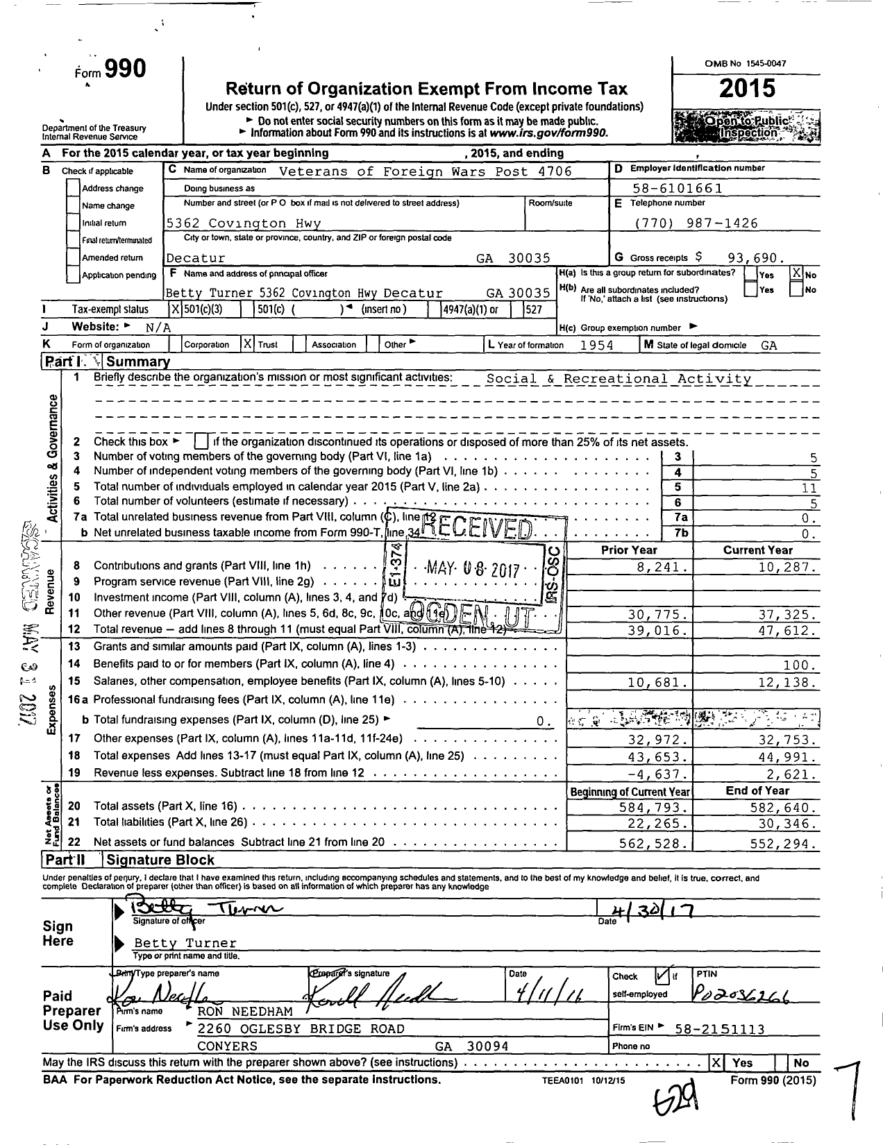 Image of first page of 2015 Form 990 for Veterans of Foreign Wars of the United States Dept of Georgia - 4706